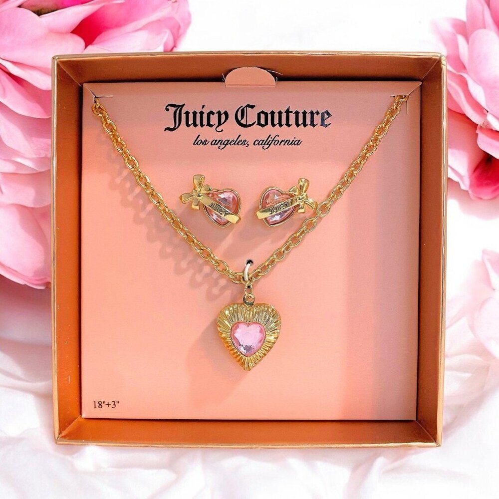 Juicy Couture Pink Gold Heart Crystal Charm Locket Necklace & Earrings Set NIB - Picture 6 of 6